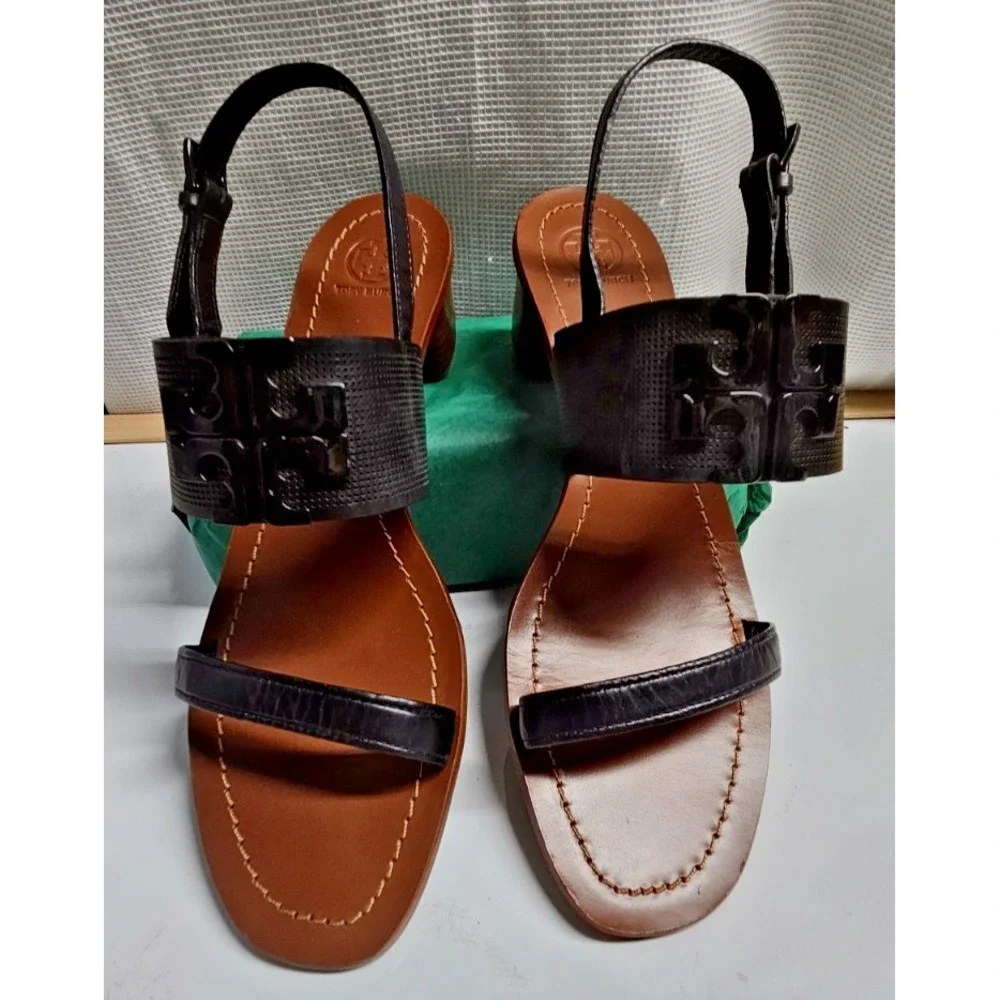 TORY BURCH Lowell black leather block heel sandals woman Sz 11‎